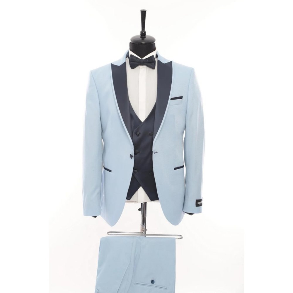 Derman Baby Blue Satin Collar 3 Piece Tuxedo